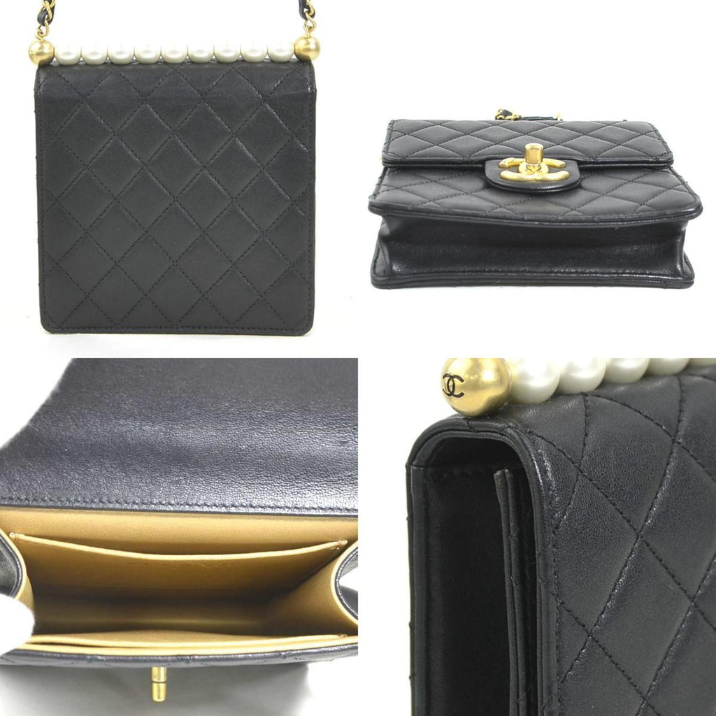 Chanel Black Off-White Leather Artificial Pearl Shoulder Bag
