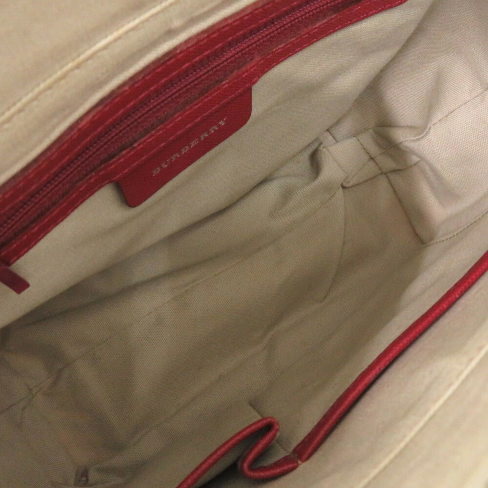 Burberry Beige Red Color Leather Canvas Handbag