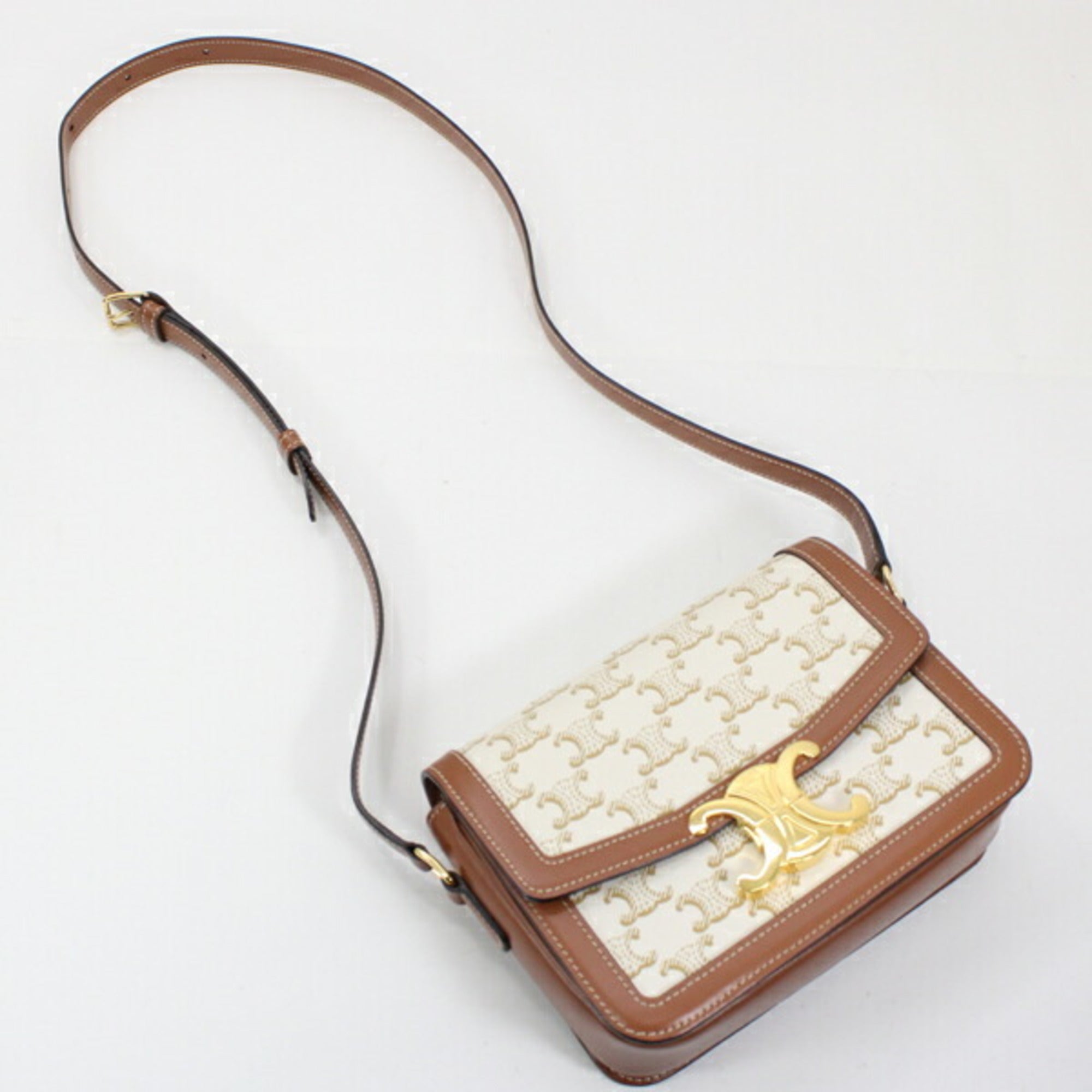 Celine Brown White Canvas Leather Shoulder Bag