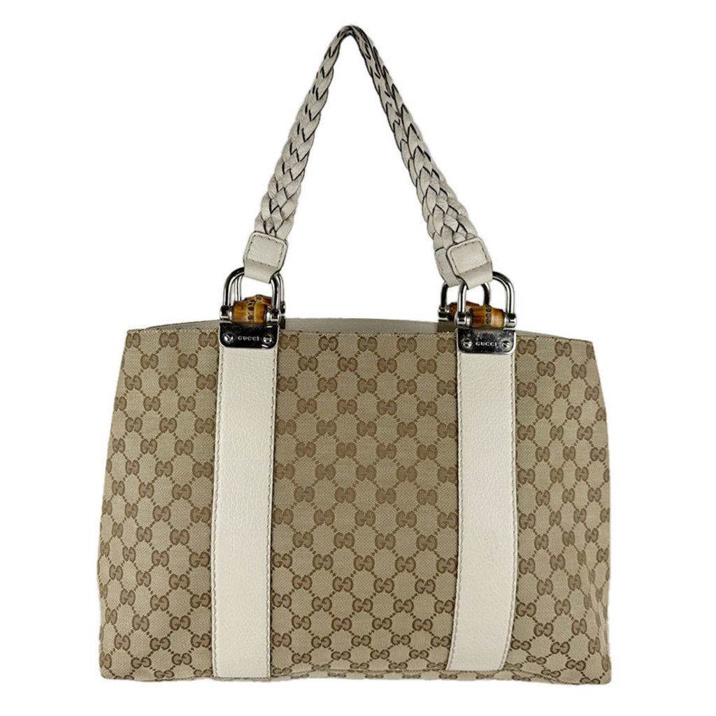 Gucci Beige Brown Ivory Gg Canvas Leather Tote Bag (Pre-Owned)