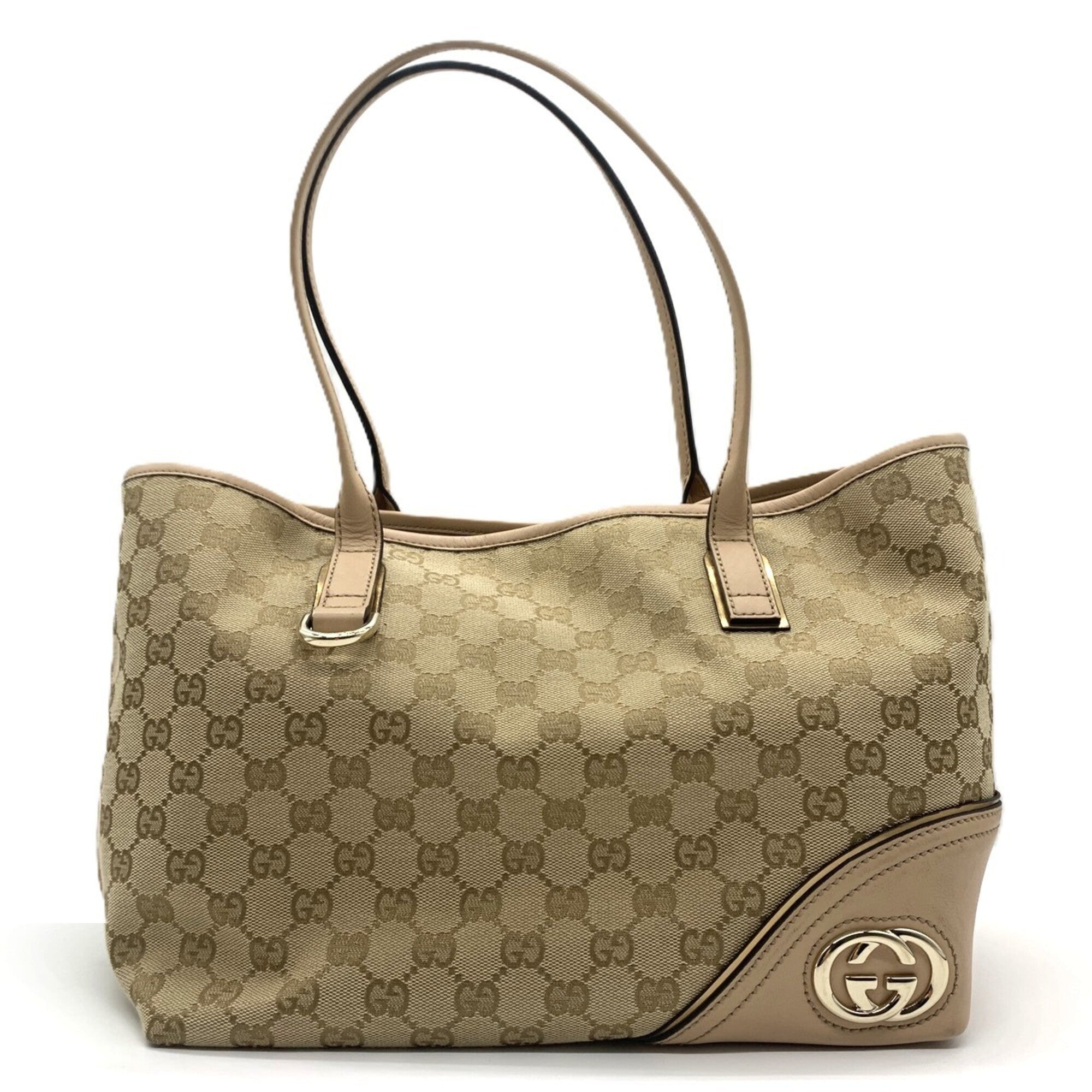 Gucci Gg Canvas Beige Khaki Pink Beige Gg Canvas Leather Tote Bag (Pre-Owned)