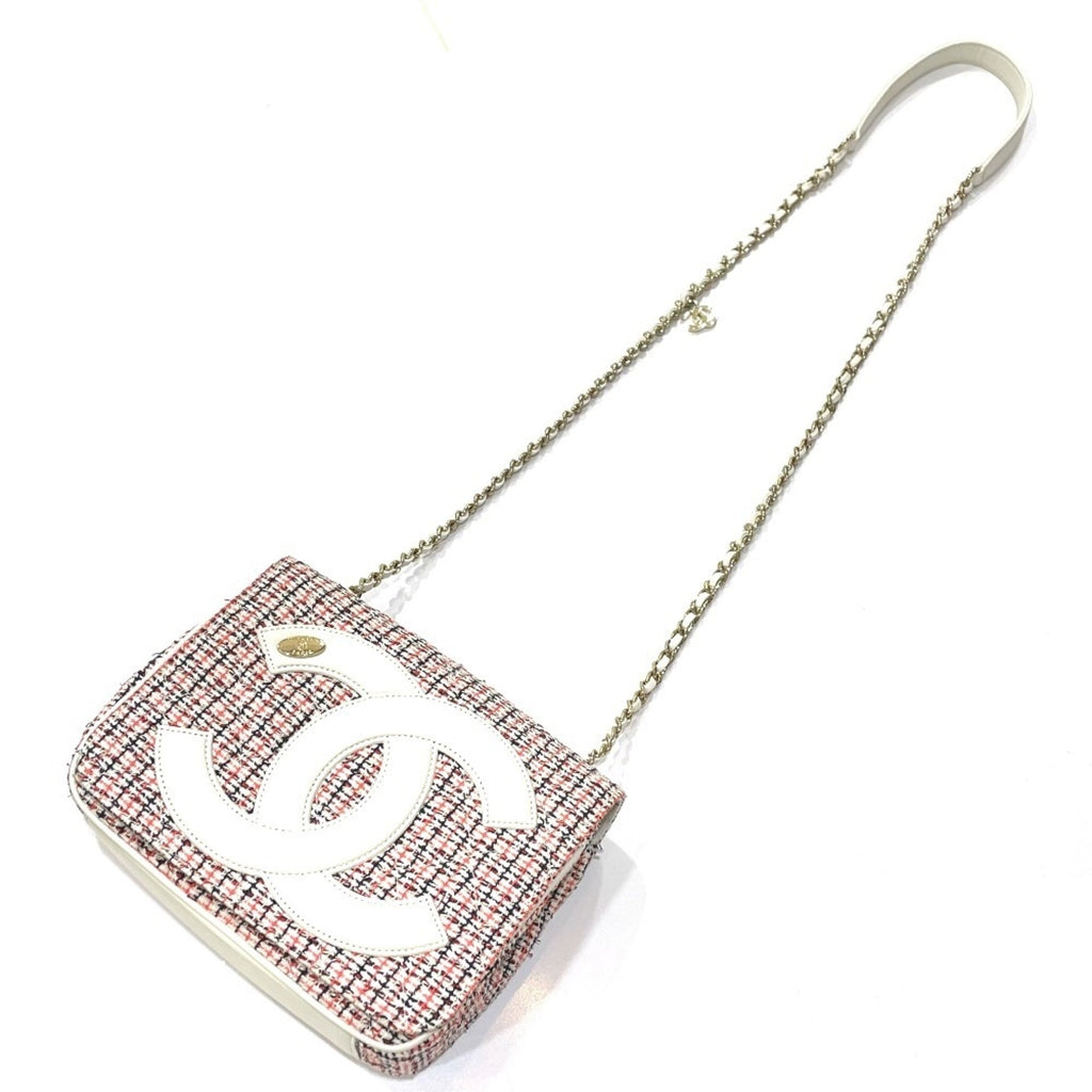Chanel Red Color White Tweed Leather Pochette Shoulder Bag