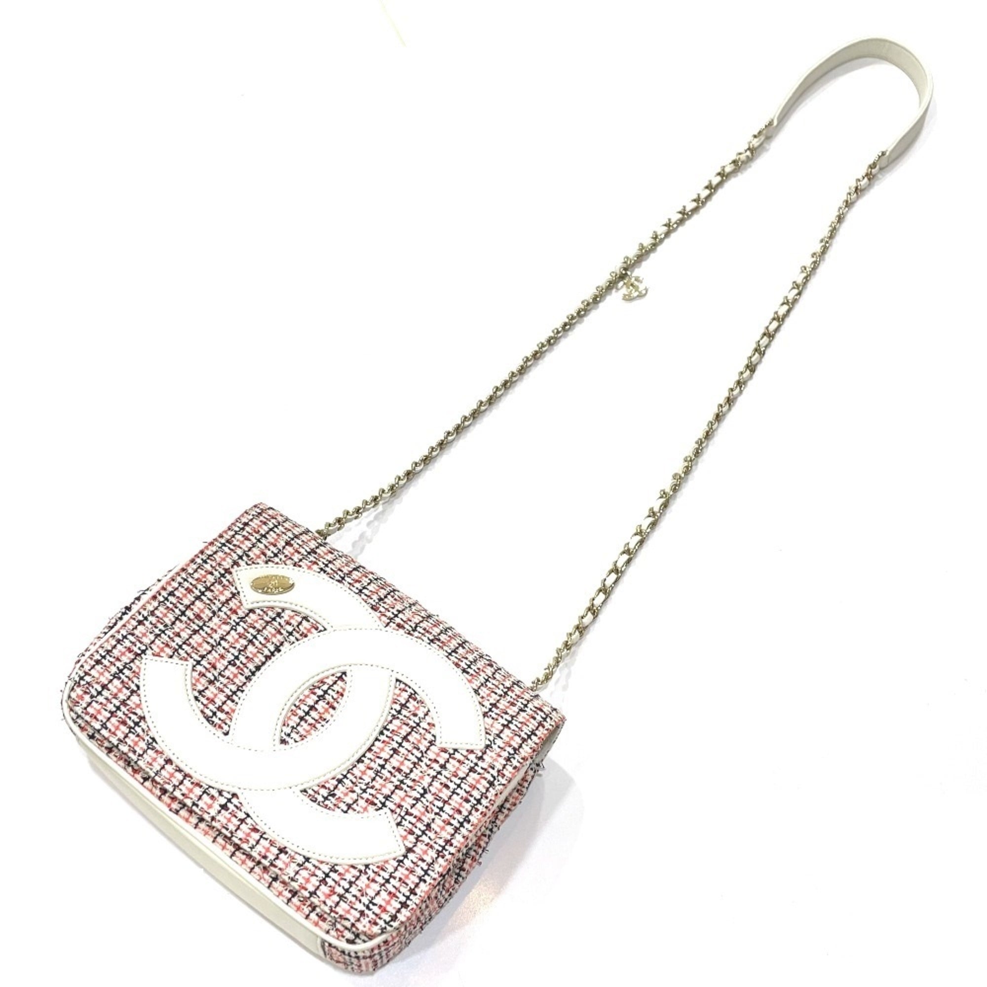 Chanel Red Color White Tweed Leather Pochette Shoulder Bag