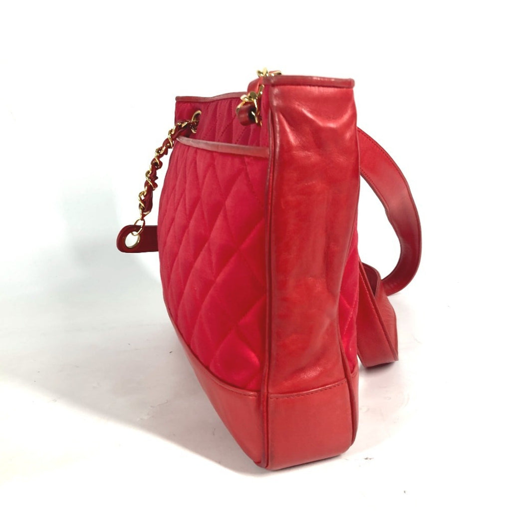 Chanel Red Color Satin Leather Shoulder Bag Tote Bag