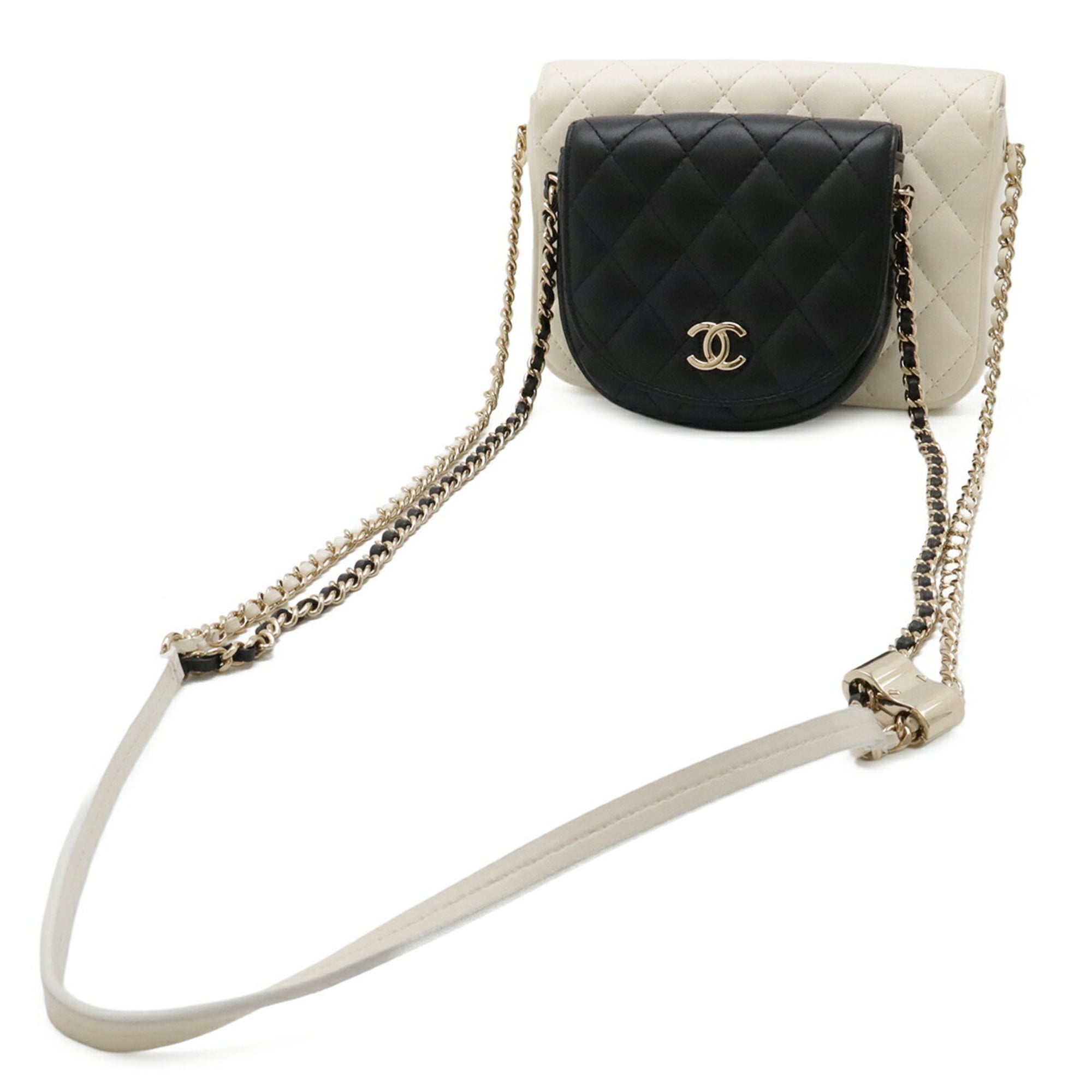 Chanel Matelasse Black Ivory Leather Pochette Shoulder Bag