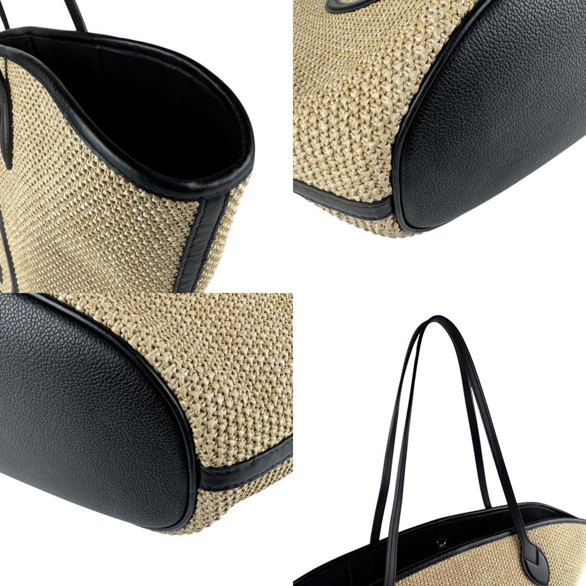 Louis Vuitton Beige Black Raffia Leather Shoulder Bag Tote Bag
