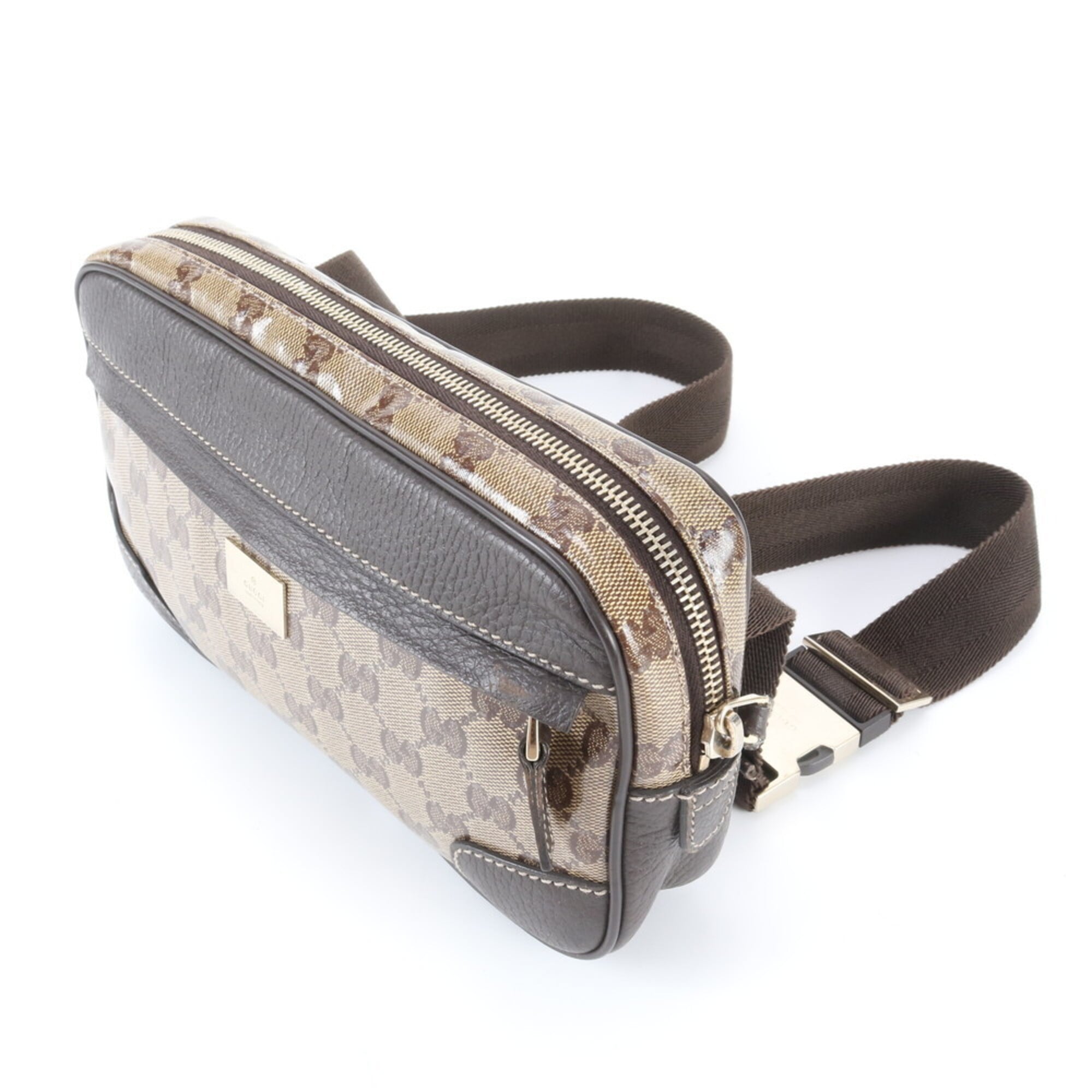 Gucci Beige Dark Brown Leather Coated Canvas Fanny Pack Pouch Sling Bag (Pre-Owned)