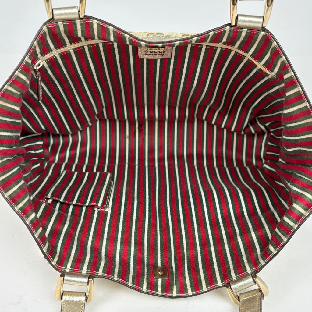 Gucci Gg Canvas Beige Gold Gg Canvas Leather Handbag Tote Bag (Pre-Owned)