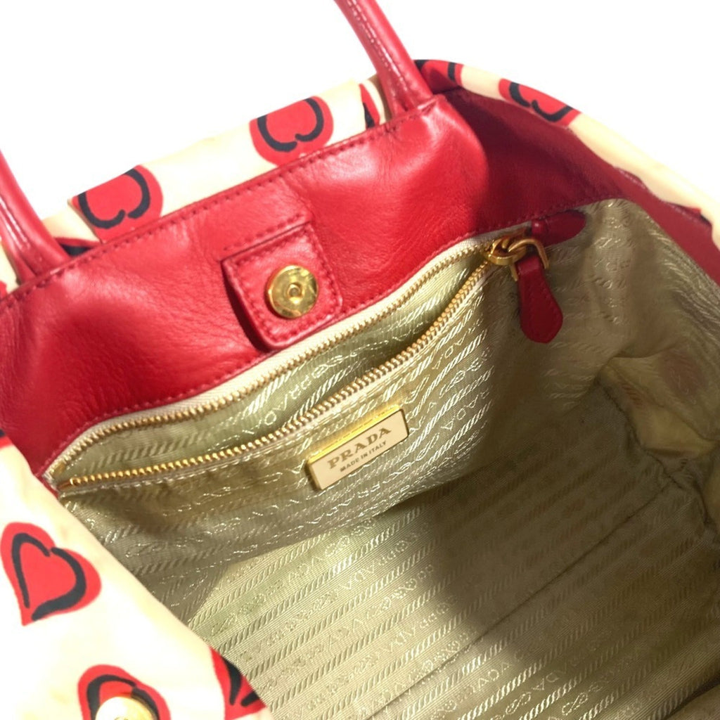 Prada Red Color White Leather Nylon Handbag Tote Bag