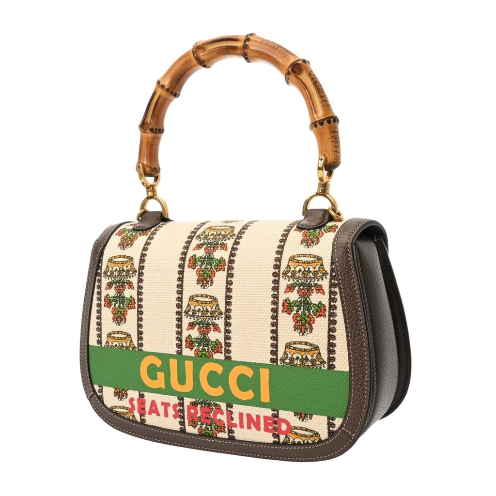Gucci Brown White Canvas Leather Handbag (Pre-Owned)
