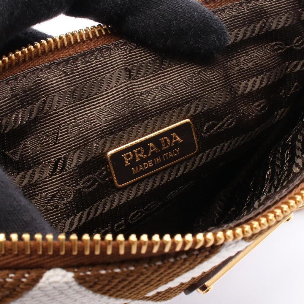 Prada Brown White Canvas Leather Shoulder Bag