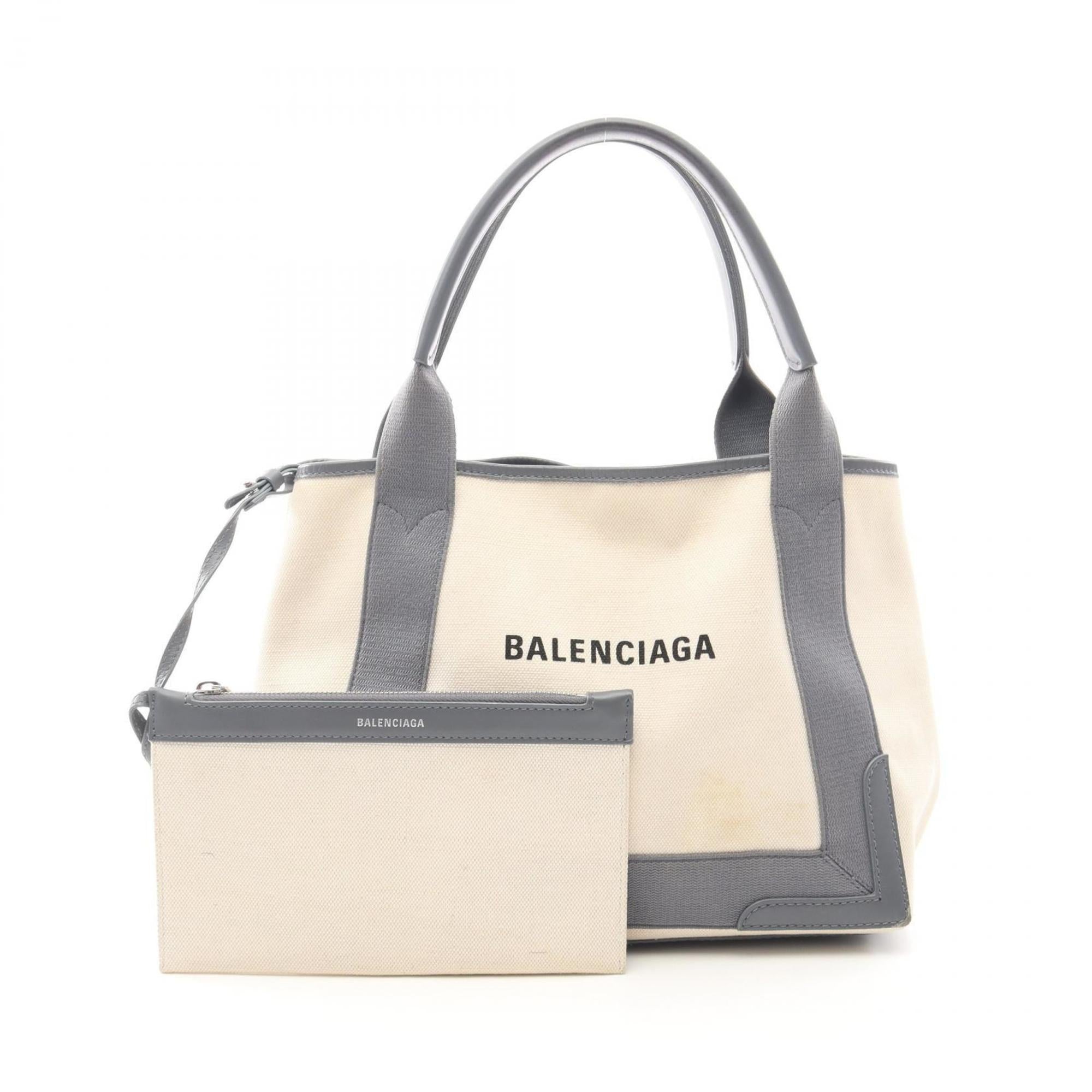 Balenciaga Gray Navy White Canvas Leather Handbag Tote