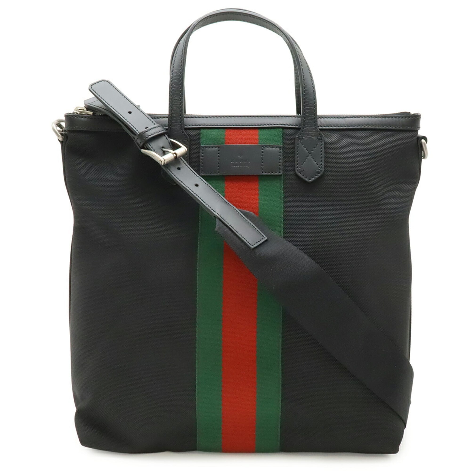 Gucci Sherry Line Black Green Red Color Nylon Canvas Leather Shoulder Bag Tote Bag (Pre-Owned)