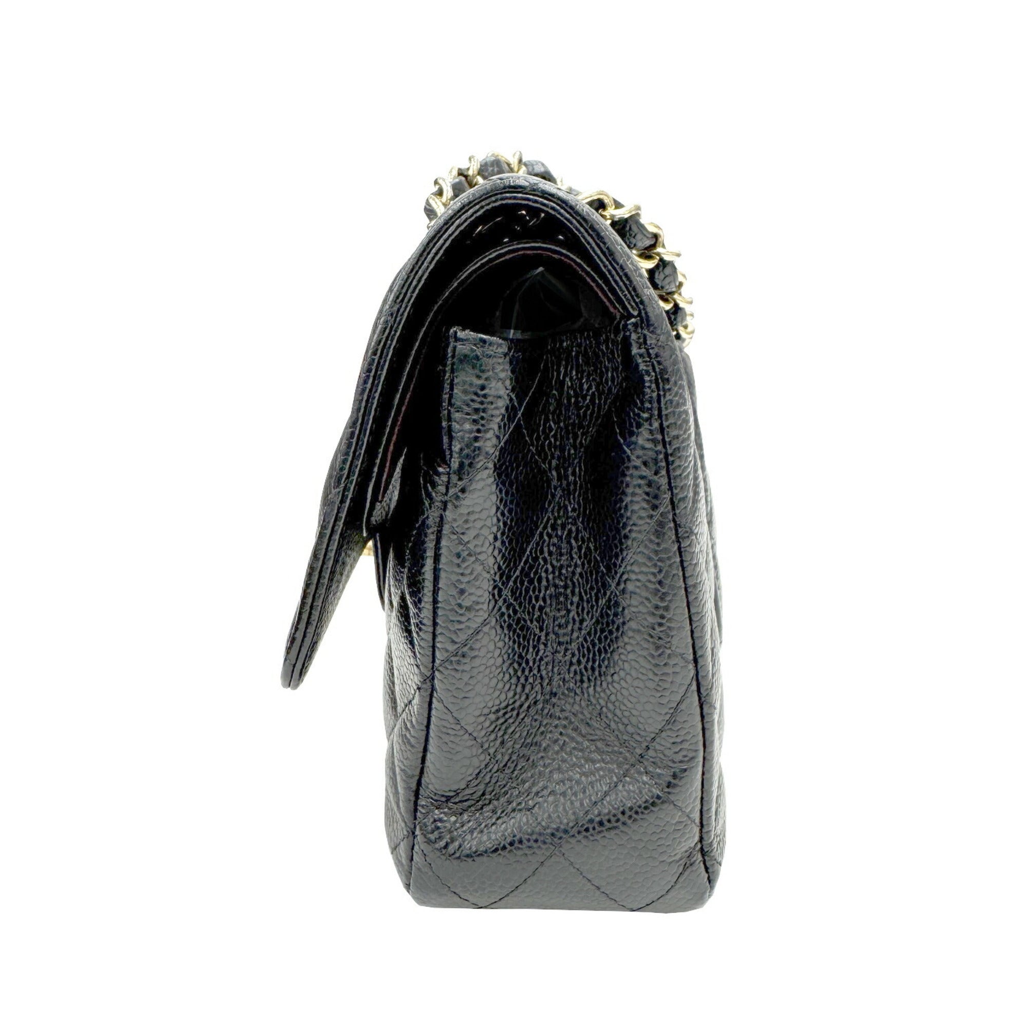 Chanel Gold Black Grained Calfskin Leather Chain/Shoulder Wallet
