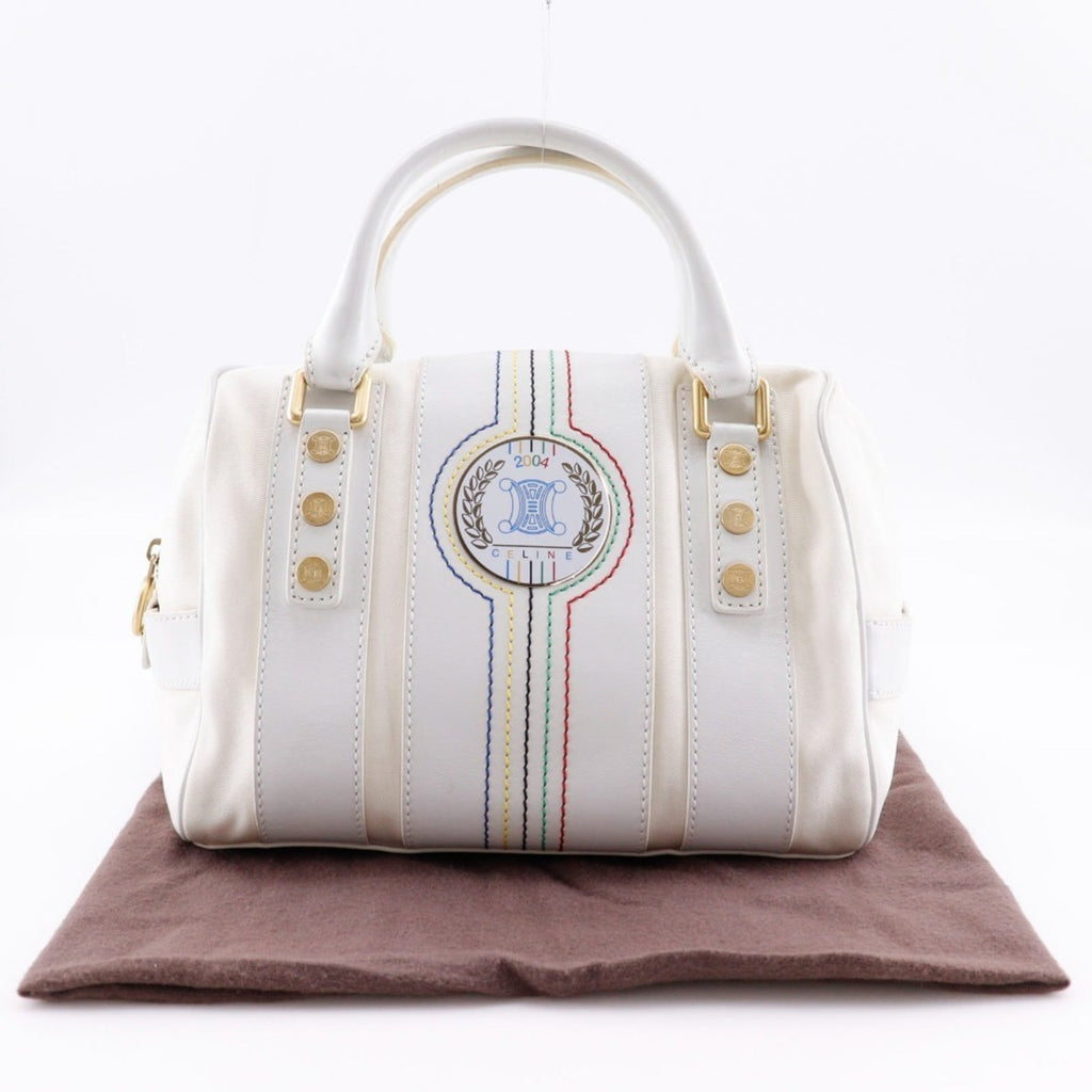 Celine White Nylon Canvas Leather Boston Bag Handbag
