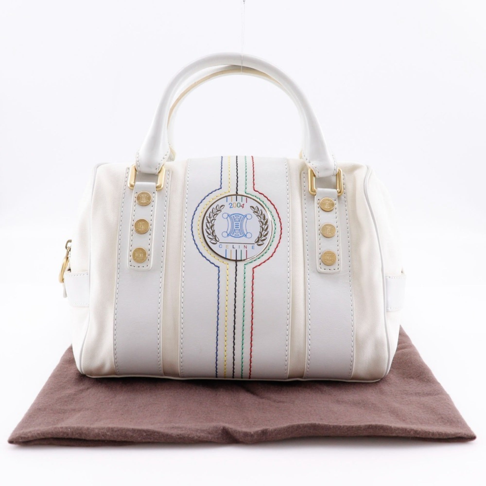 Celine White Nylon Canvas Leather Boston Bag Handbag
