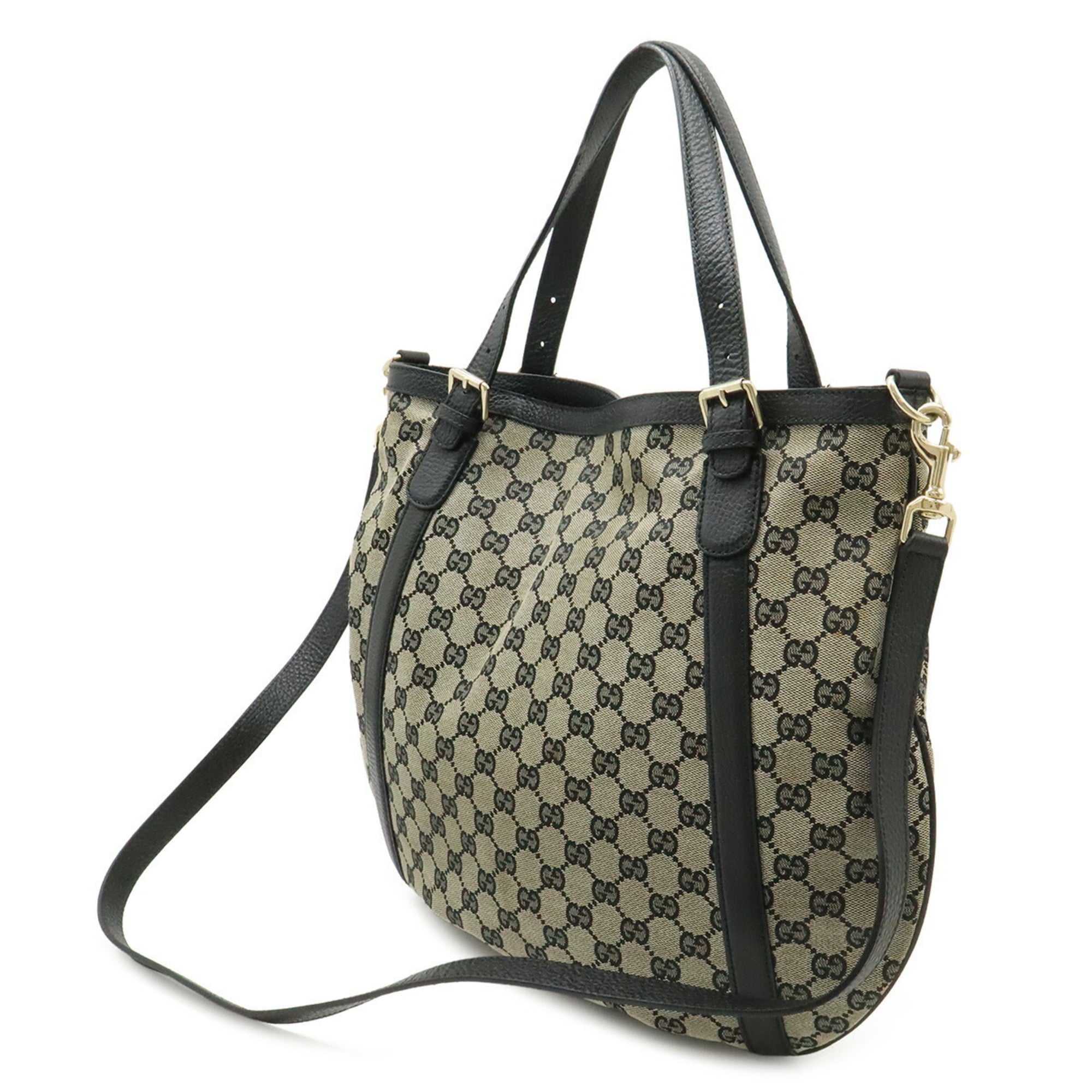 Gucci Beige Black Gg Canvas Leather Shoulder Bag Tote Bag (Pre-Owned)