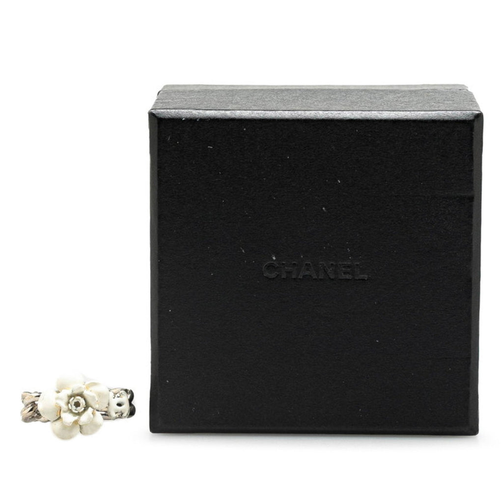 Chanel Silver White Metal Band Ring