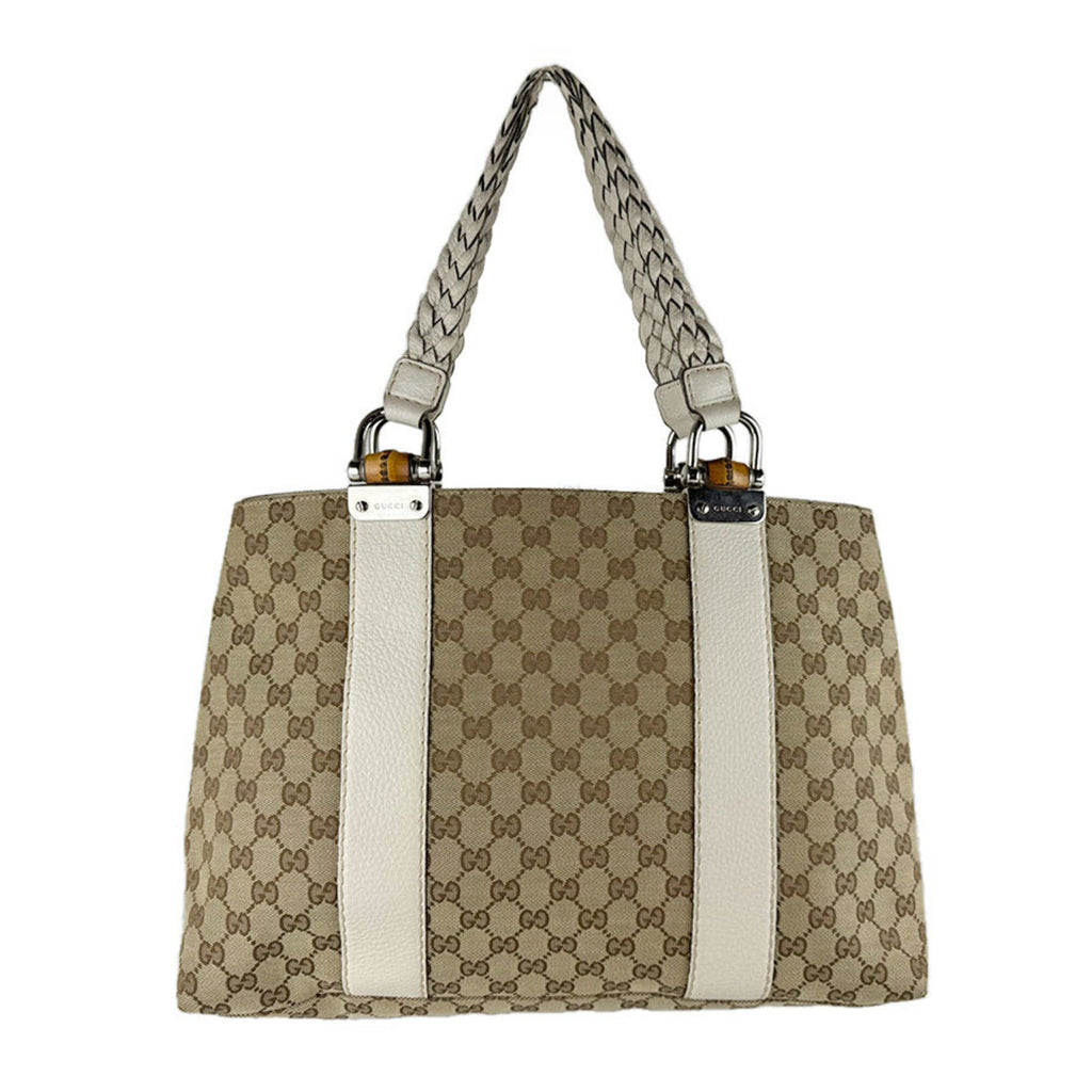 Gucci Beige Brown Ivory Gg Canvas Leather Tote Bag (Pre-Owned)