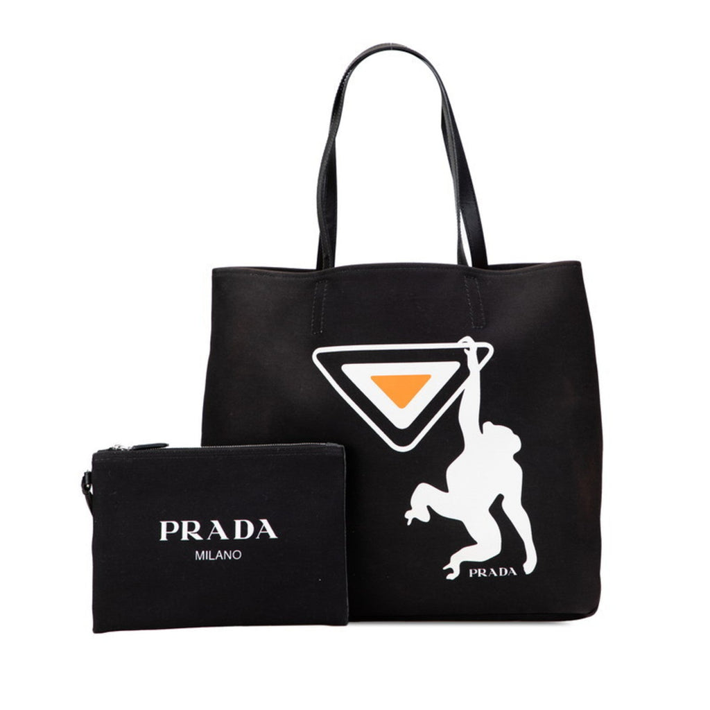 Prada Black Orange White Canvas Leather Tote Bag