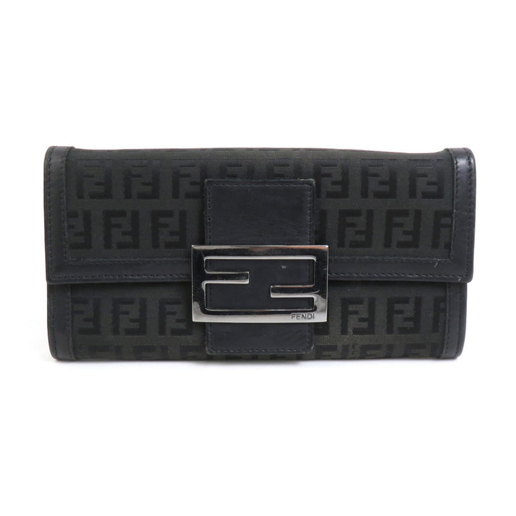 Fendi Black Canvas Leather Long Wallet (Tri-Fold)