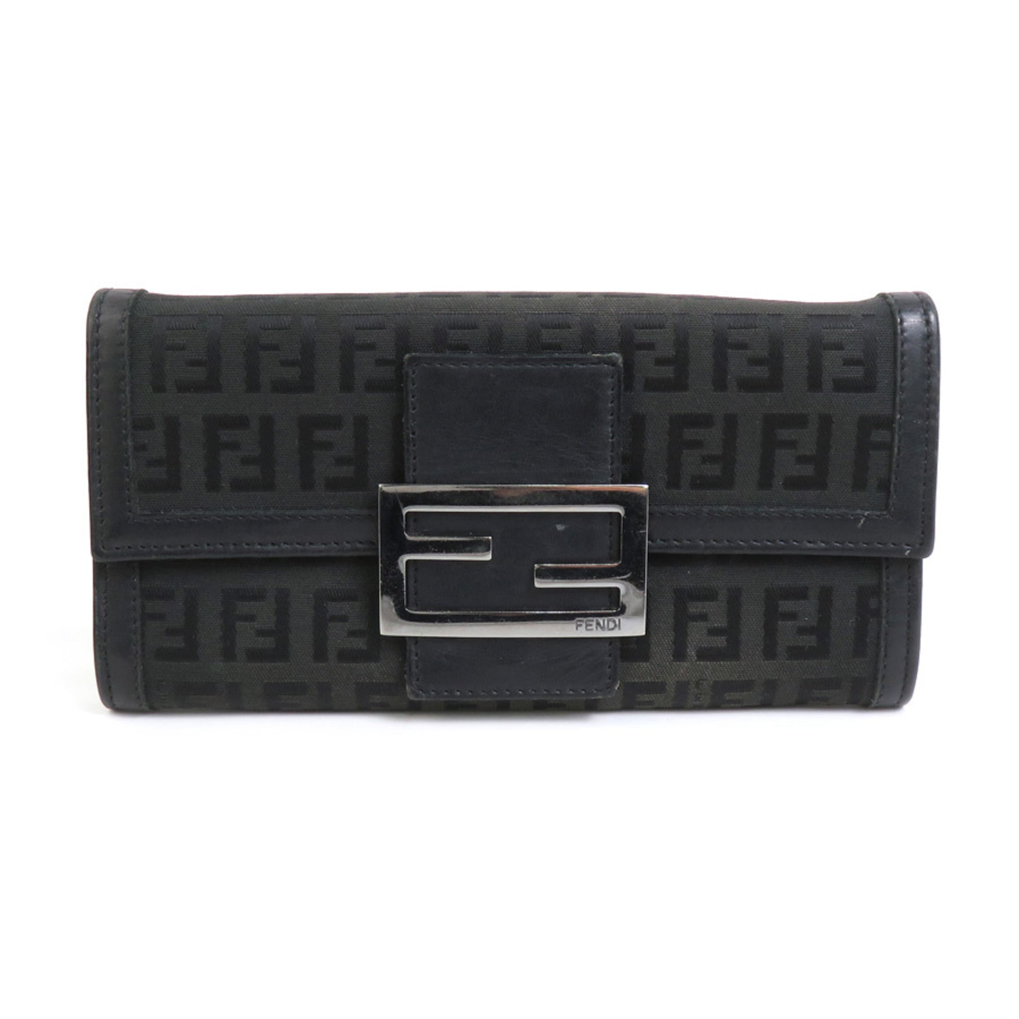 Fendi Black Canvas Leather Long Wallet (Tri-Fold)