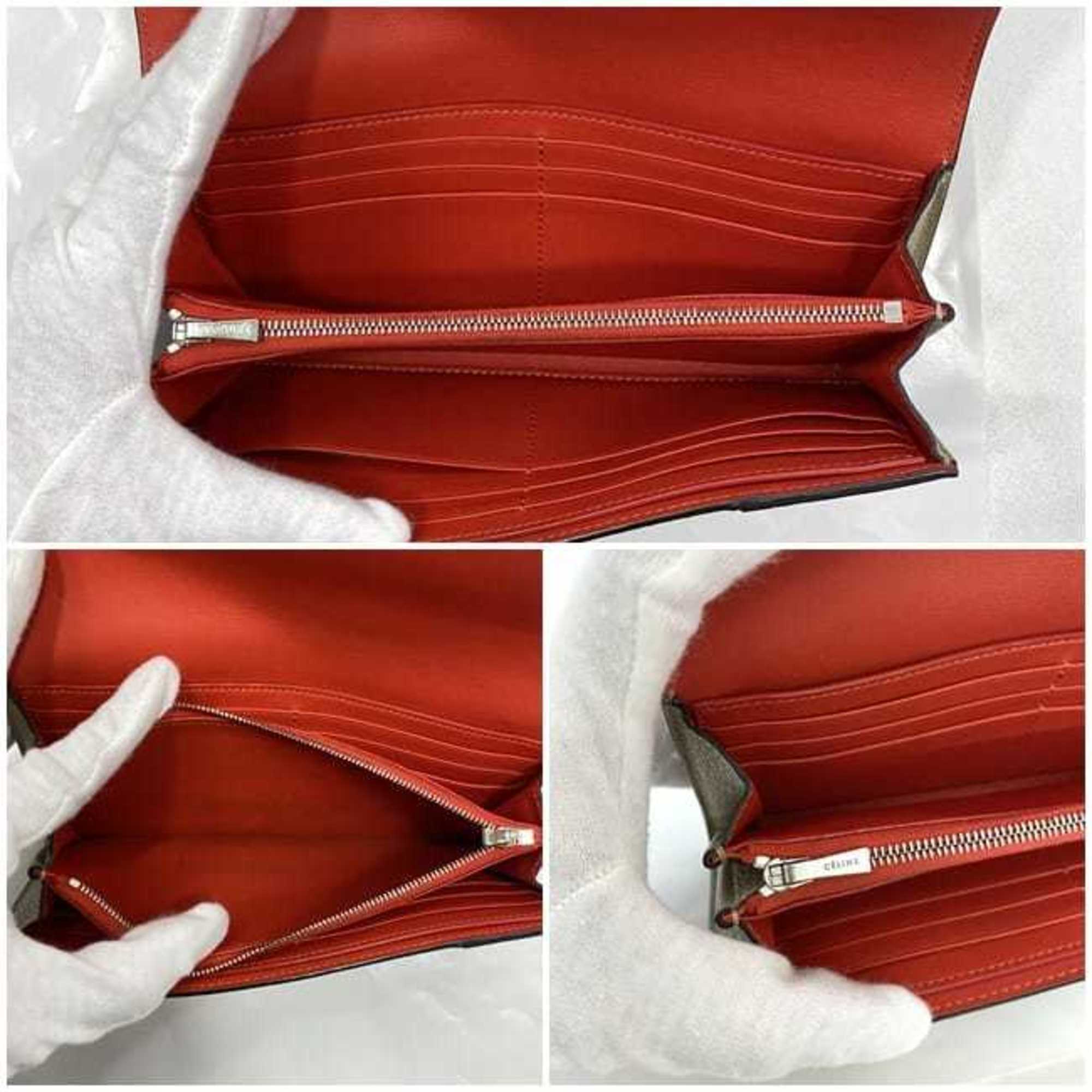Celine Beige Red Color Leather Long Wallet (Bi-Fold)