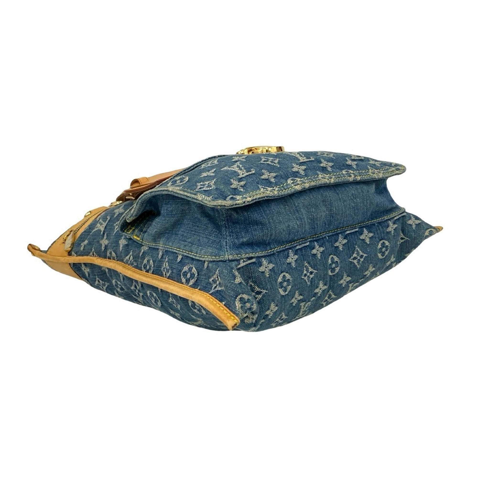 Louis Vuitton Beige Blue Denim Leather Handbag Tote Bag
