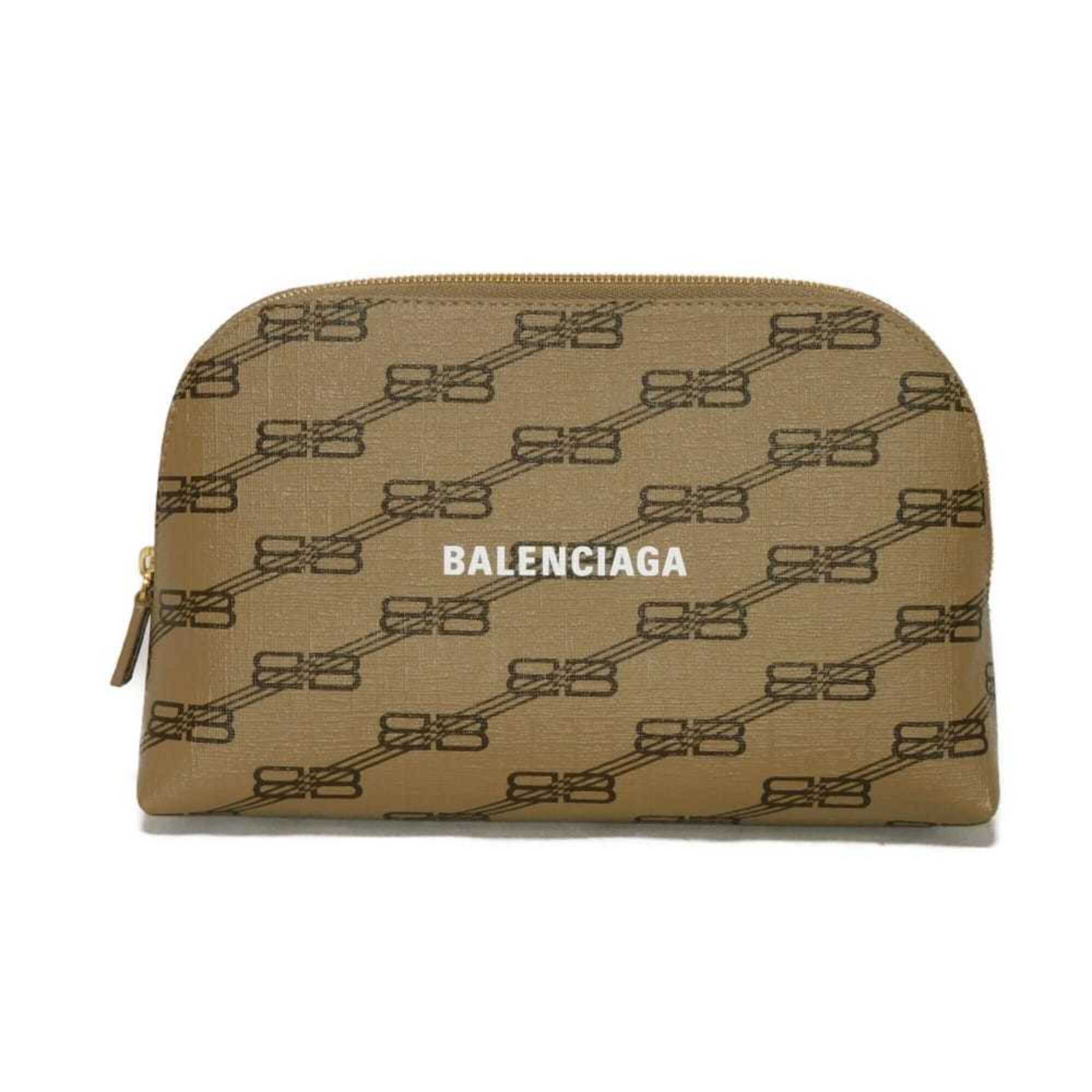 Balenciaga Beige Brown Coated Canvas Leather Clutch Bag Pouch