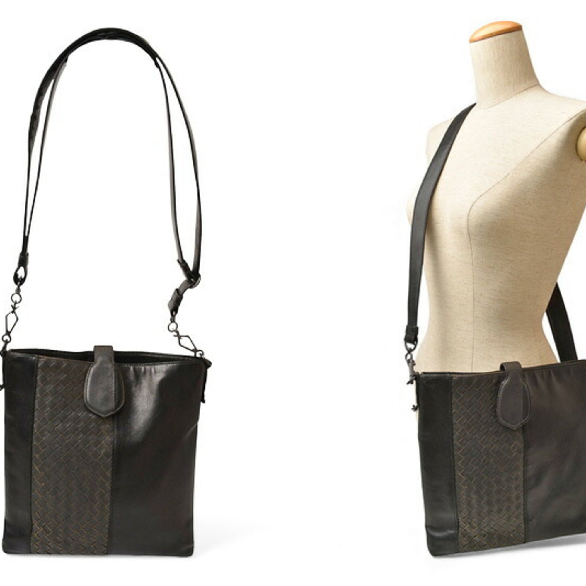 Bottega Veneta Black Gray Leather Messenger Bag Shoulder Bag