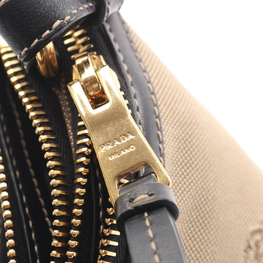 Prada Beige Black Canvas Leather Shoulder Bag