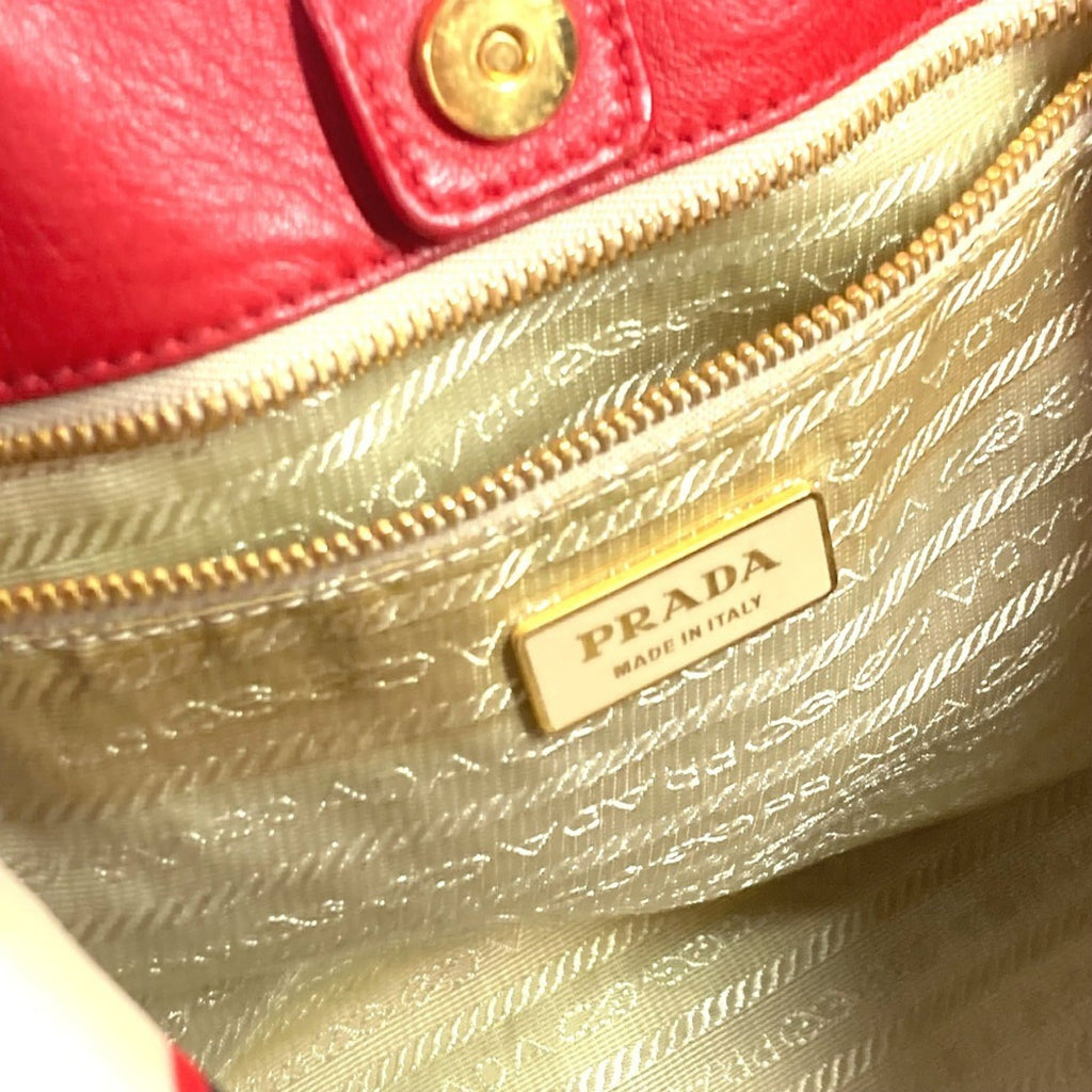 Prada Red Color White Leather Nylon Handbag Tote Bag