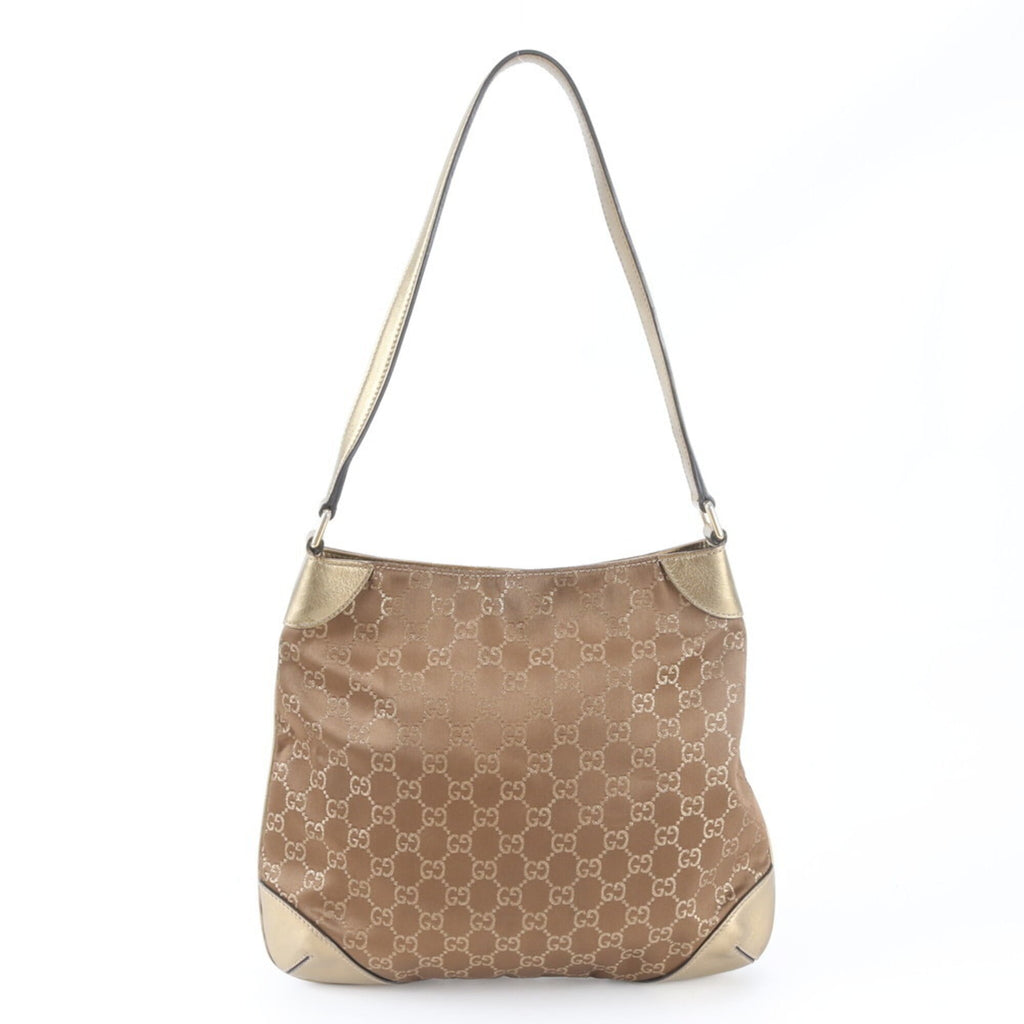 Gucci Brown Gold Leather Canvas Handbag Shoulder Bag Tote Bag (Pre-Owned)