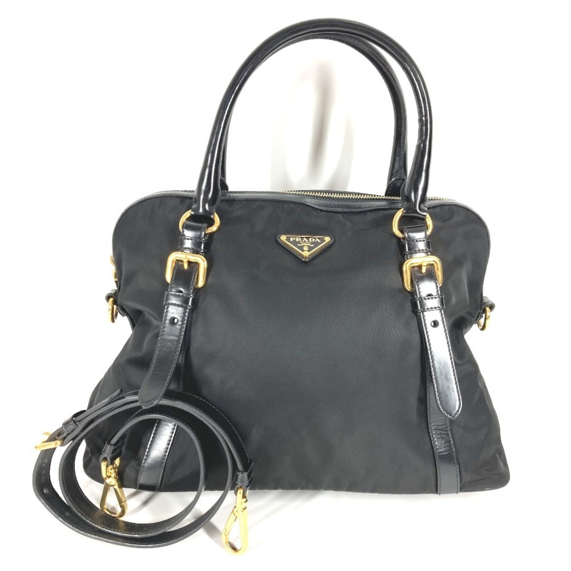Prada Black Leather Nylon Handbag Shoulder Bag Tote Bag