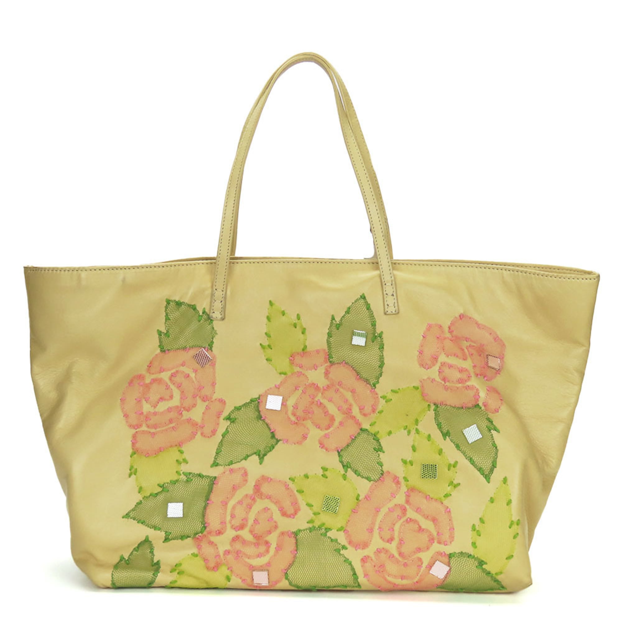 Fendi Beige Pink Green Leather Tote Bag