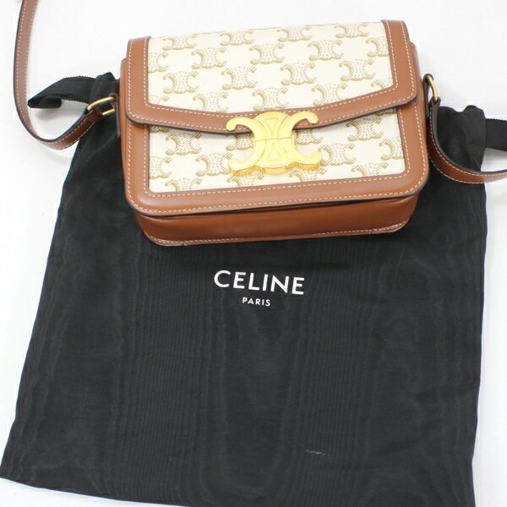 Celine Brown White Canvas Leather Shoulder Bag