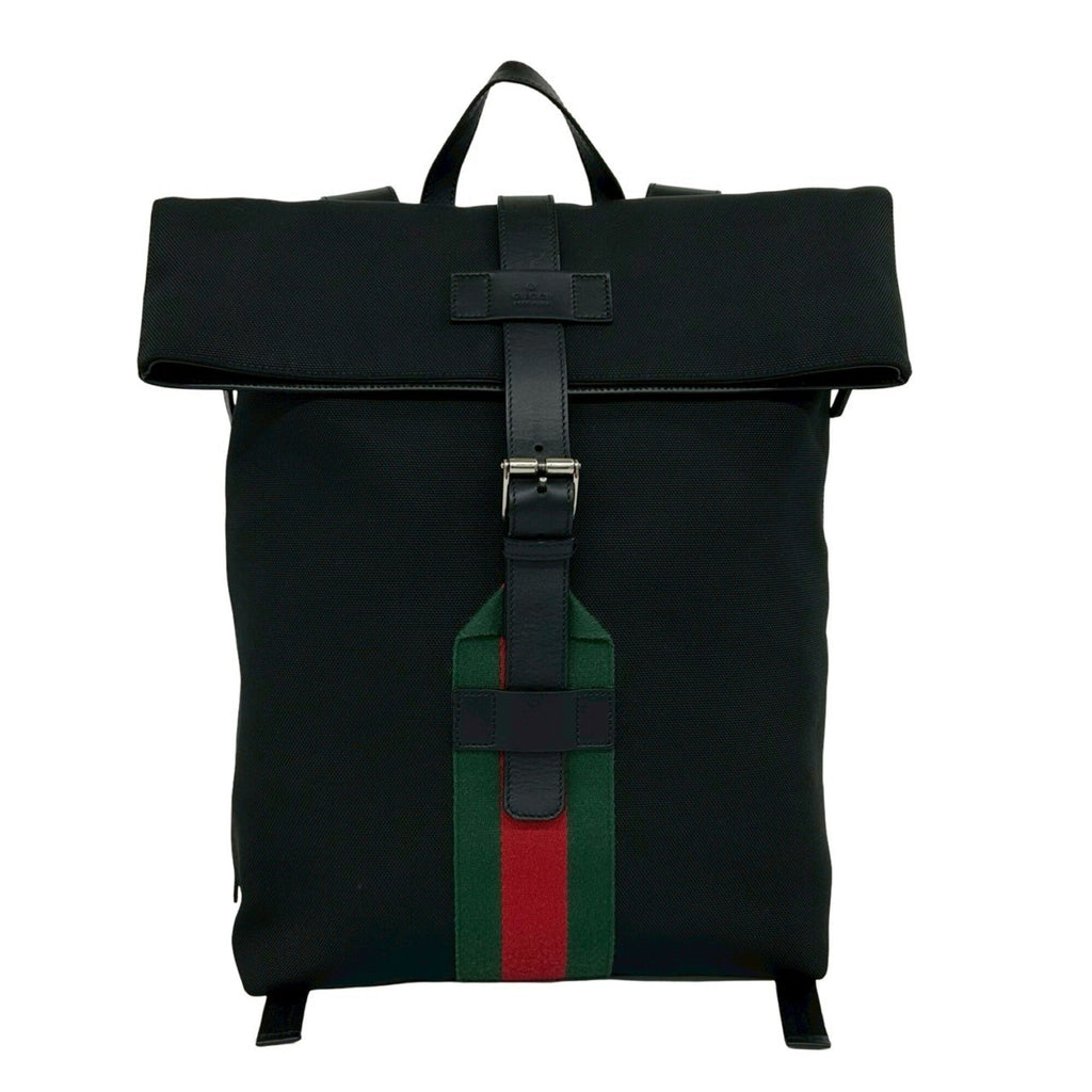 Gucci Black Green Red Color Canvas Leather Backpack (Pre-Owned)