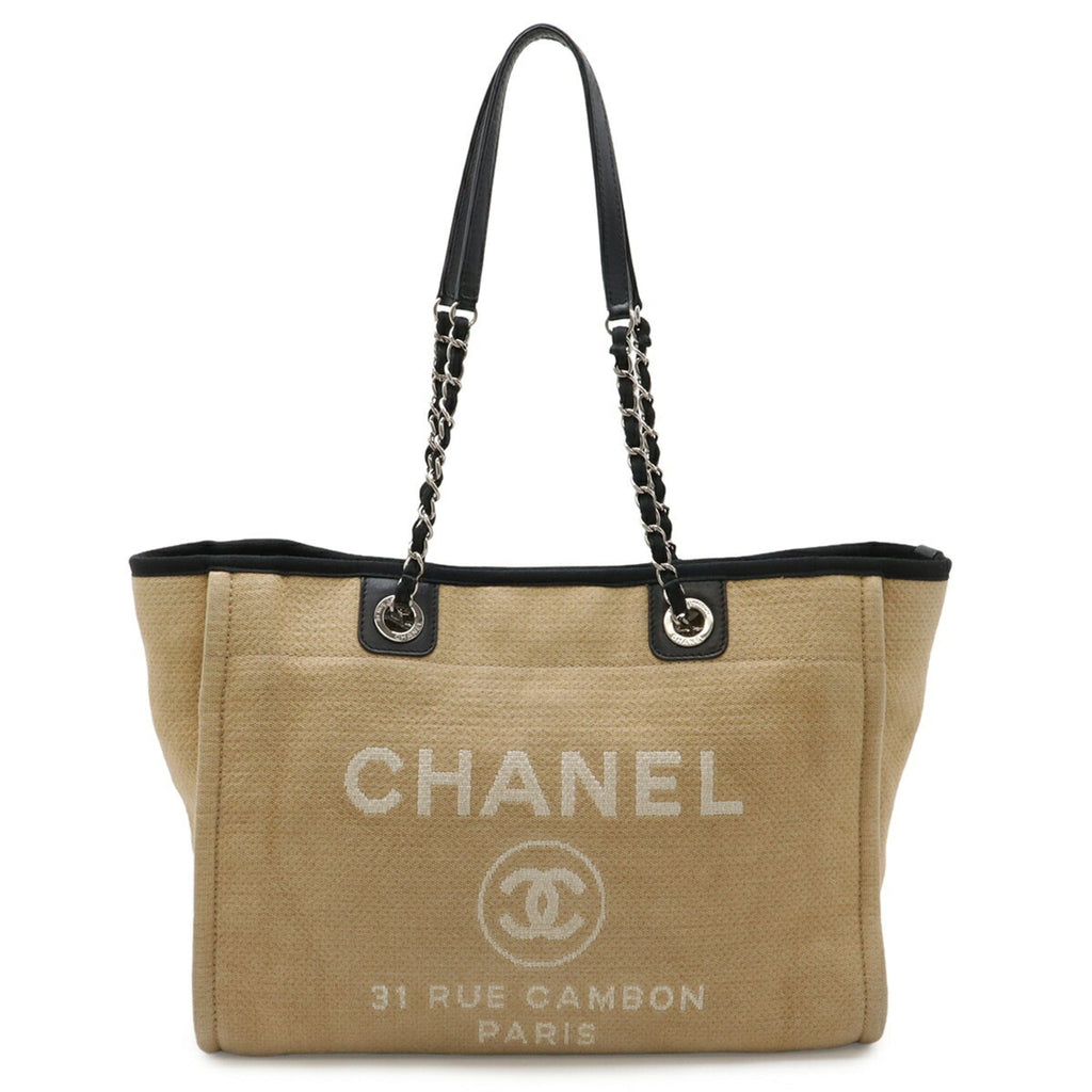 Chanel Beige Black Canvas Shoulder Bag Tote Bag