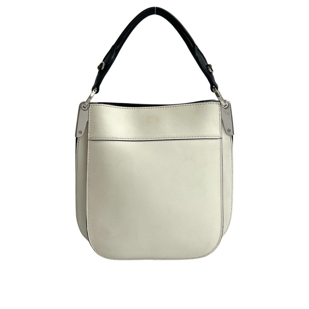 Prada Black White Leather Handbag Shoulder Bag Tote Bag