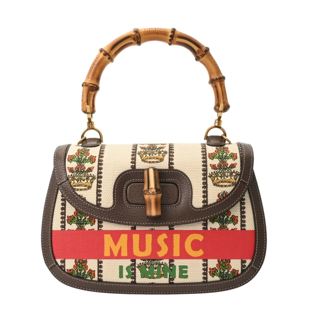 Gucci Brown White Canvas Leather Handbag (Pre-Owned)