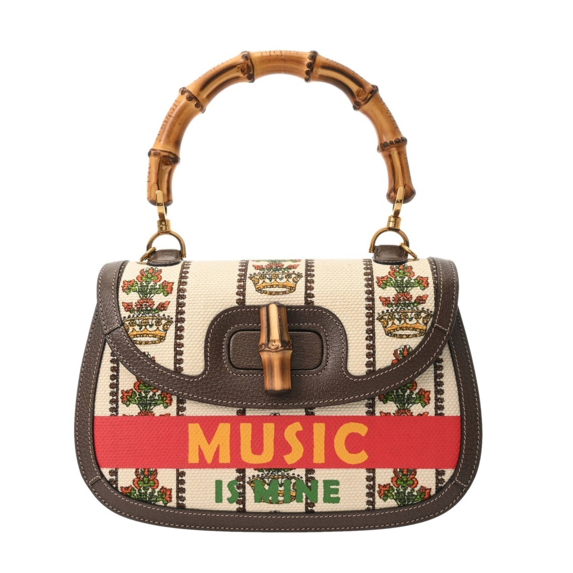 Gucci Brown White Canvas Leather Handbag (Pre-Owned)