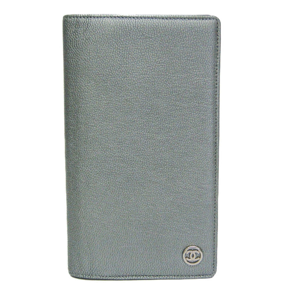 Chanel Coco Button Silver Leather Long Wallet (Bi-Fold)