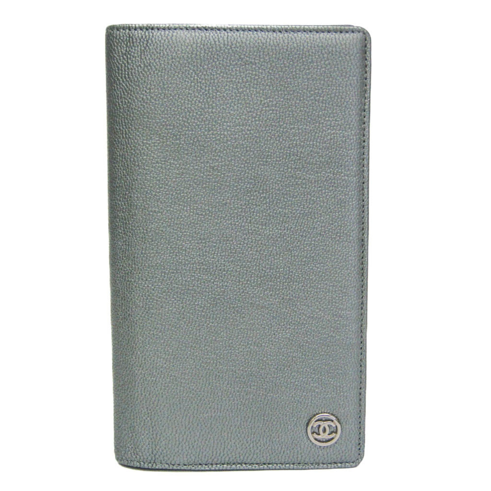 Chanel Coco Button Silver Leather Long Wallet (Bi-Fold)