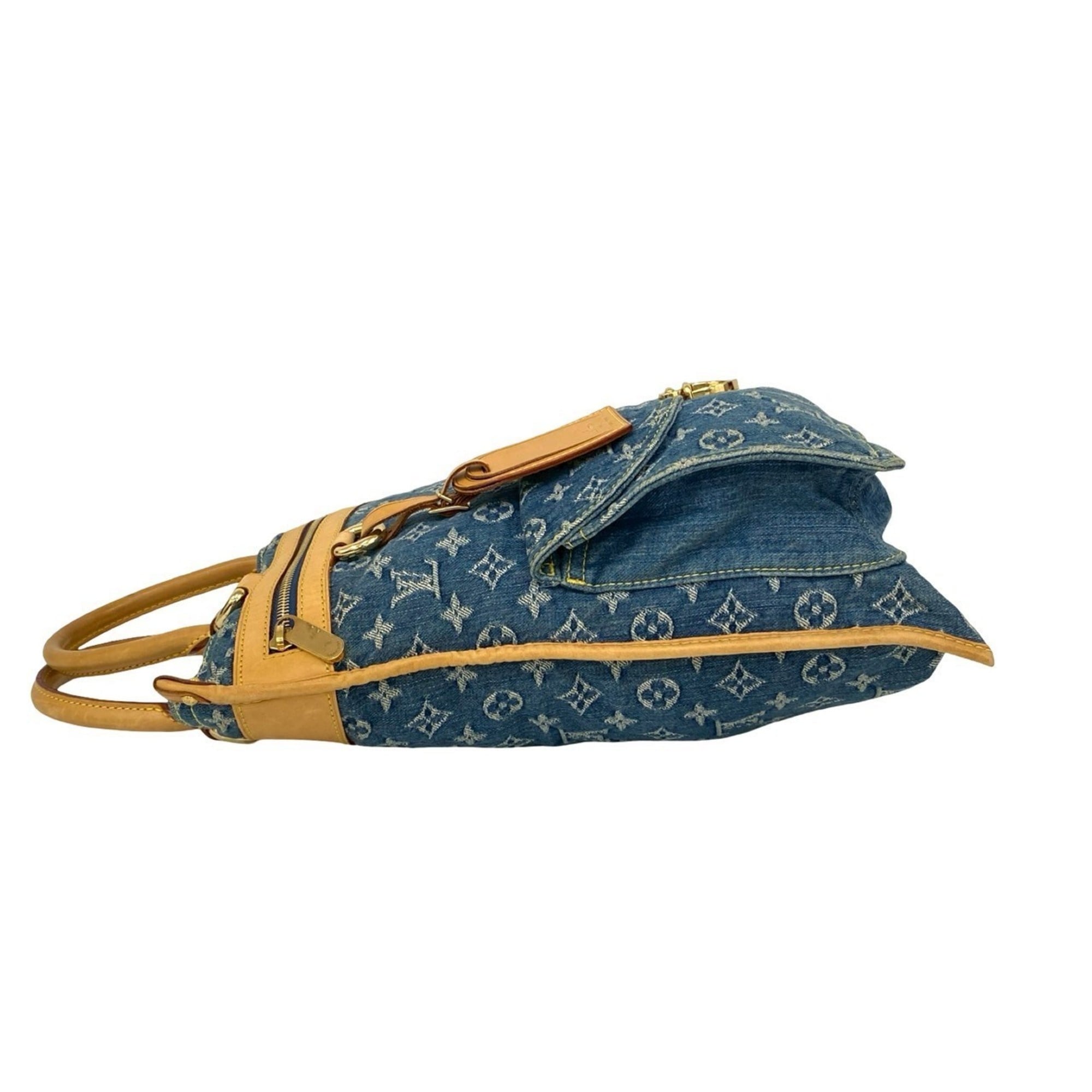 Louis Vuitton Beige Blue Denim Leather Handbag Tote Bag