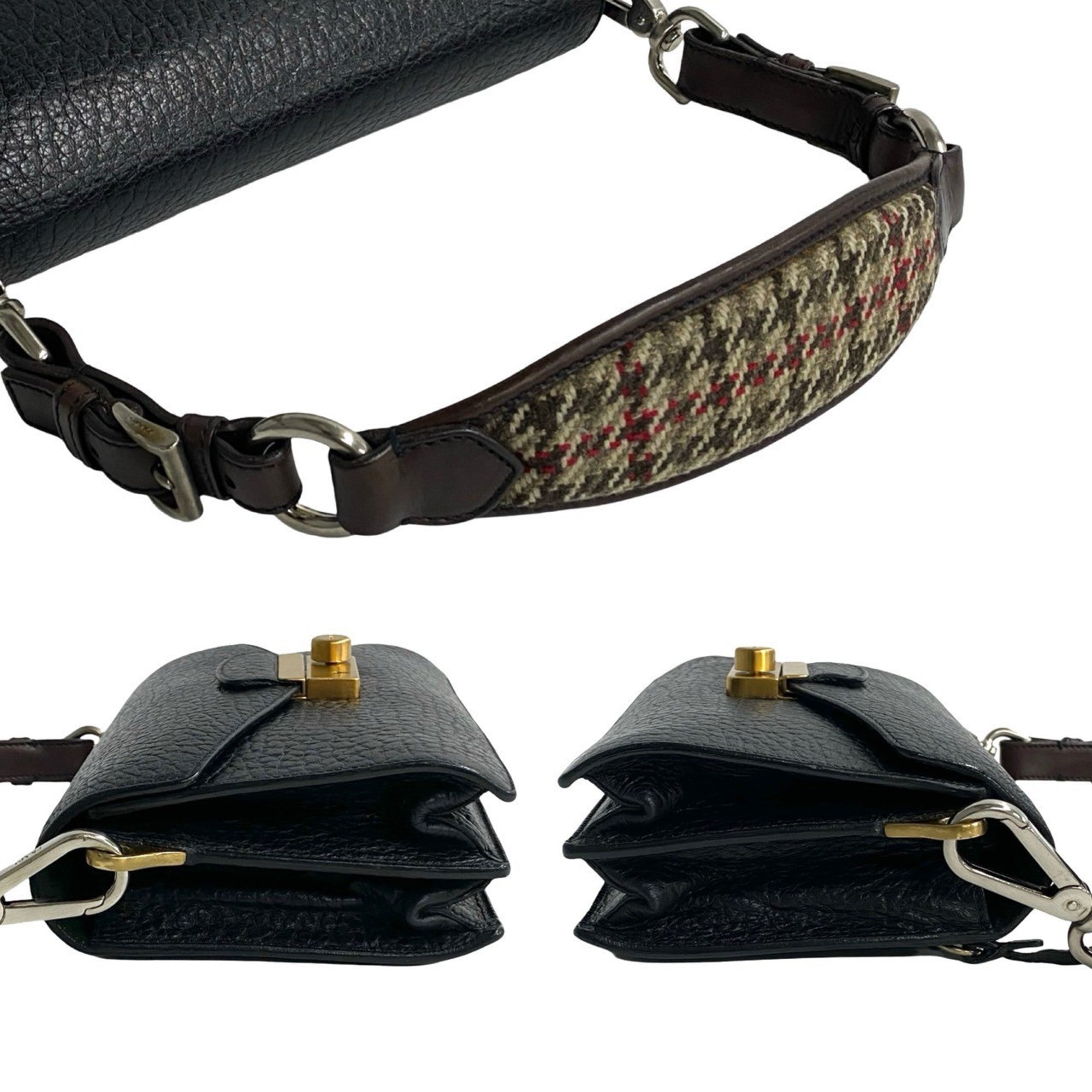 Prada Black Brown Tweed Leather Handbag Shoulder Bag
