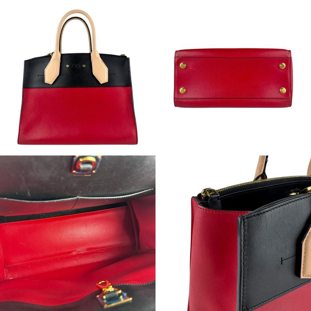 Louis Vuitton Beige Black Red Color Leather Handbag Shoulder Bag