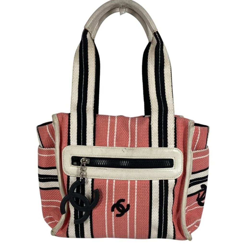 Chanel Black Pink White Canvas Leather Shoulder Bag Tote Bag
