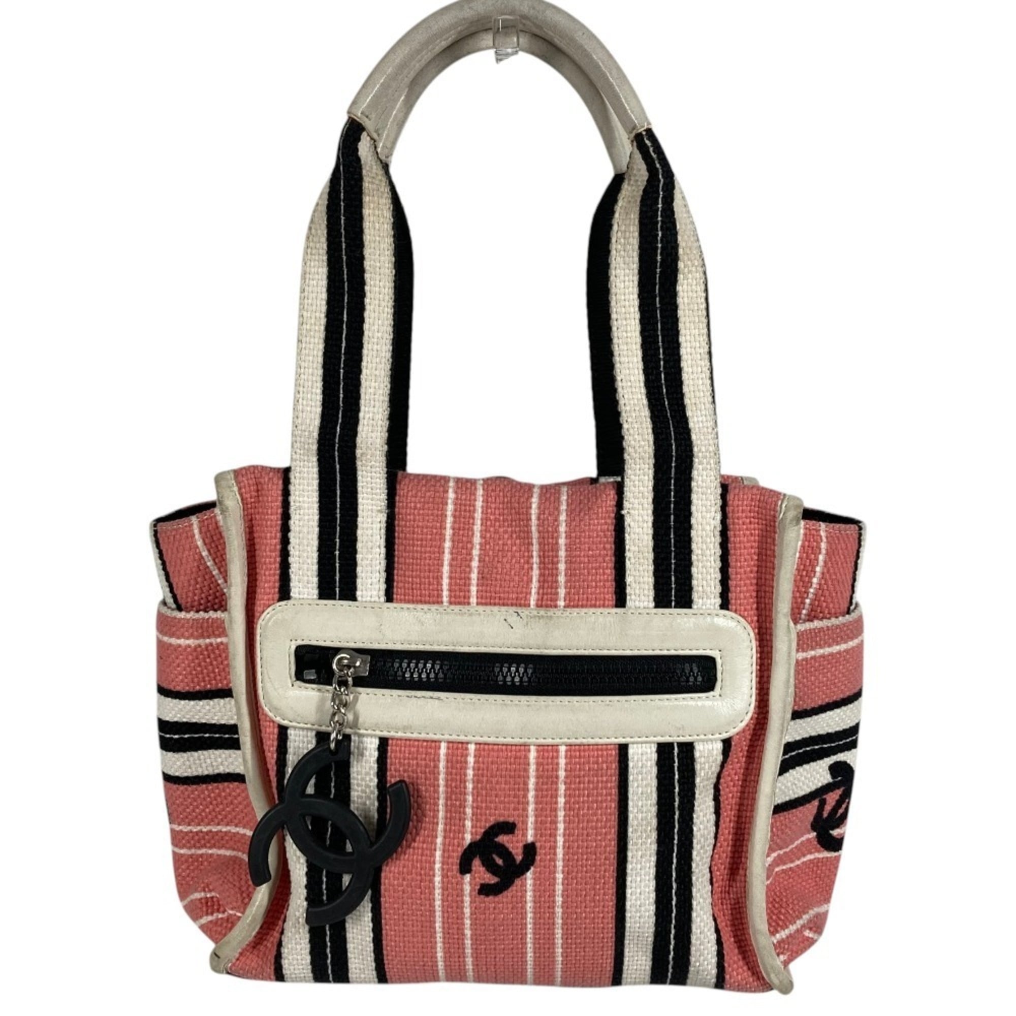 Chanel Black Pink White Canvas Leather Shoulder Bag Tote Bag