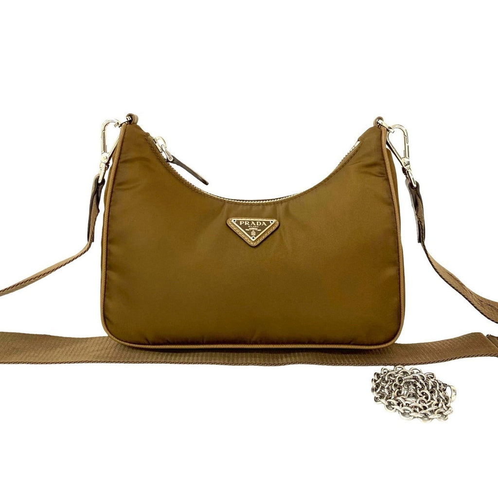 Prada Brown Nylon Leather Pochette Pouch Shoulder Bag