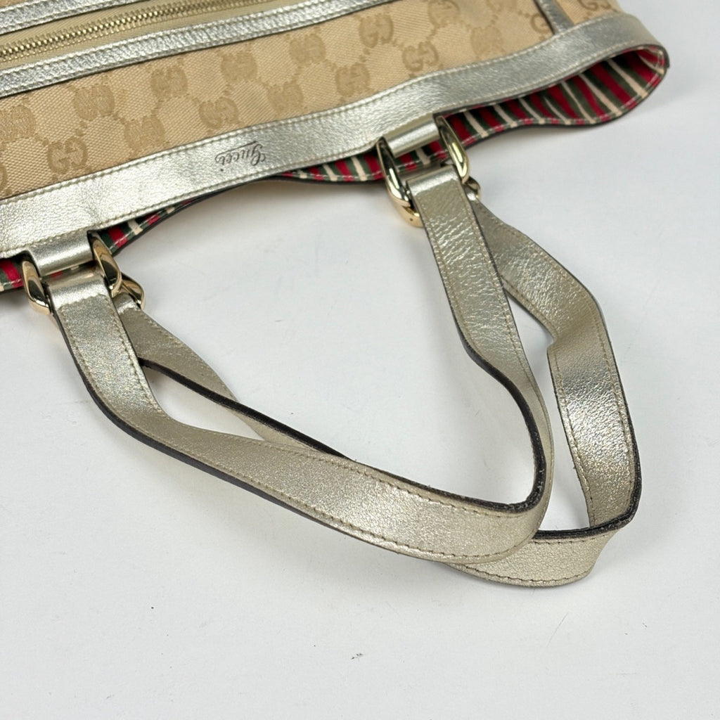 Gucci Gg Canvas Beige Gold Gg Canvas Leather Handbag Tote Bag (Pre-Owned)